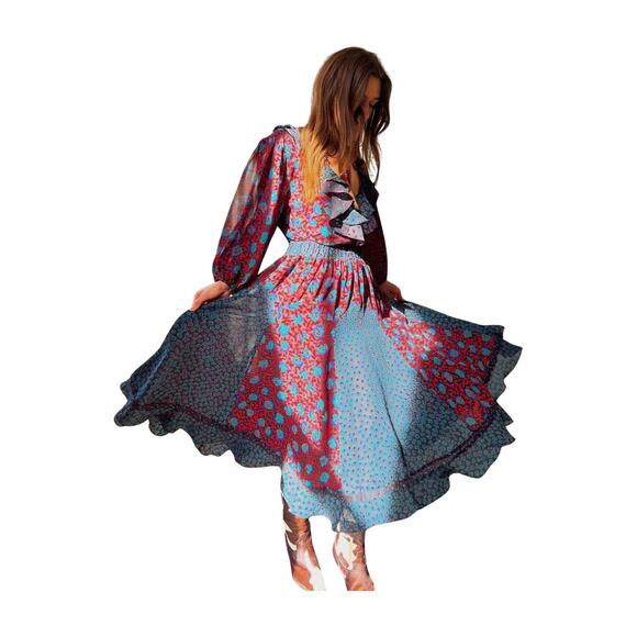 Vintage Western Boho Patchwork Ruffle Midi Dress 8 Gypsy Festival Free Spirit - Picture 3 of 14